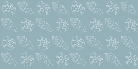 Sea shells seamless pattern in line art style. Trendy pattern of seashells for wrapping paper, wallpaper, stickers, notebook cover.