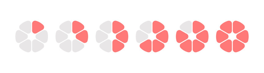 Circle division infographic loading set. Pie chart divided 6 equal parts. Pizza or orange round load diagram. Infographic six segment and fraction. Vector illustration isolated on white background.