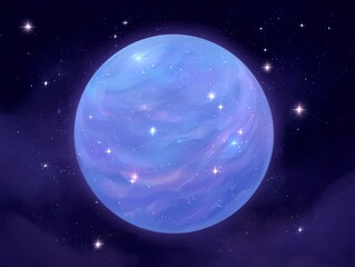 A glossy, starry blue planet against a blue-purple academic-style background