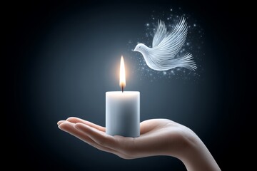A symbolic scene of a hand holding a candle with a glowing dove forming from the flame