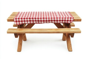 Wooden picnic table with red checkered tablecloth