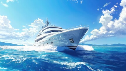 A luxury yacht cruising at high speed on a calm
