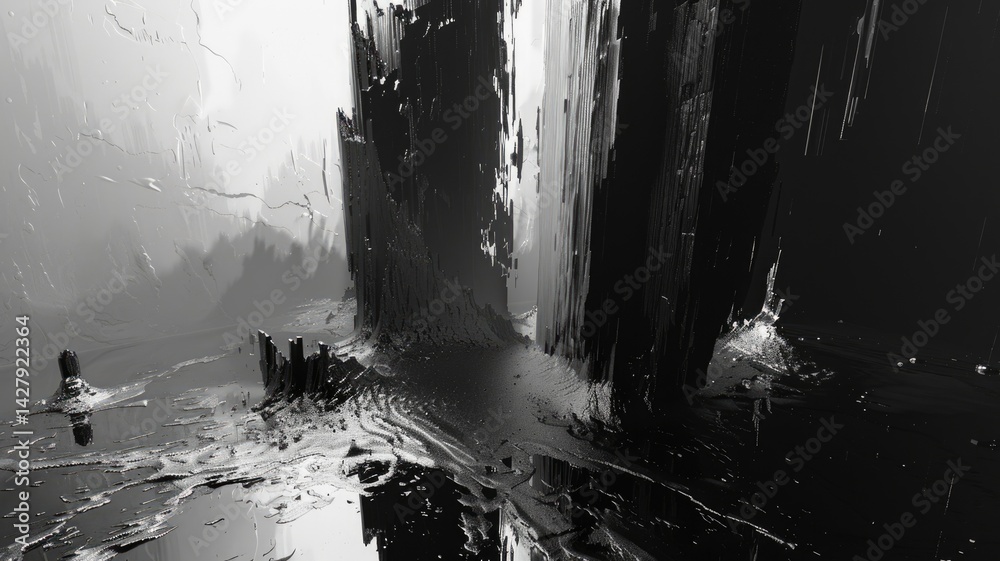 Poster abstract of complex glitch with pixel effect in dark background use shading and monochrome to expres