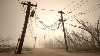 Dust-Shrouded Power Lines in a Desolate Landscape