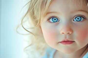 Close Up Portrait of Toddler Girl with Bright Blue Eyes and Blonde Curly Hair
