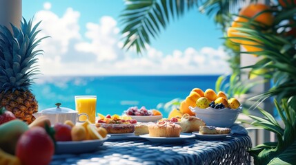 Obraz premium A beautifully set breakfast table overlooking a turquoise sea view