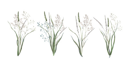 A set of isolated illustrations of wild bouquets of different herbs. Watercolor set painted in natural tones. Suitable for eco-branding, packaging, greeting cards, wedding designs and botanical prints