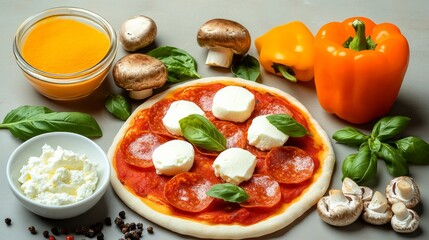 Pizza with pepperoni and cheese sits on a table with a variety of vegetables, including mushrooms, peppers, and basil
