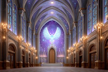 Fototapeta premium Gothic chapel with high arches and glowing flames on the altar forming the shape of a dove in divine descent