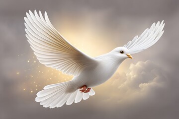 Obraz premium Hyper realistic photo of a white dove in flight with wings illuminated by golden sunlight and clouds parting above