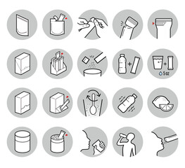 This set of icons for stick packaging includes steps for preparing, mixing, and consuming. Vector elements for infographics. Set of sign for detailed guideline. Ready for your design. EPS10.