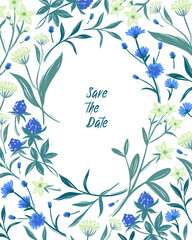 Romantic card or invitation with wild yellow and blue field flowers