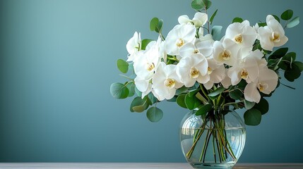 Naklejka premium Elegant white orchids in glass vase against teal wall