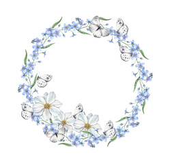 Blue forget-me-nots, white anemones and beautiful light butterflies. Hand drawn watercolor round wreath on isolated background, for wedding invitations, greeting cards, branding, floral packaging.