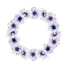 Delicate anemone flowers in white and purple shades. Hand drawn watercolor round wreath on isolated background, for wedding invitations, greeting cards, branding, floral packaging, floristry.