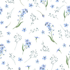 Blue delicate forget-me-not flowers and field grass. Spring botanical watercolor seamless pattern on white background, suitable for eco-branding, packaging, cards, wedding designs, botanical prints.