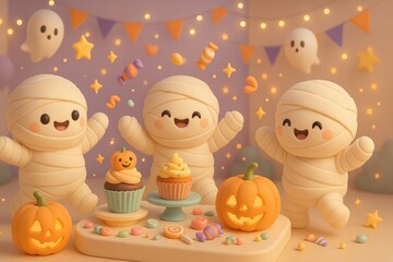 Mummy Party: Three adorable mummies dressed in white bandages celebrate Halloween with a feast of cupcakes, pumpkins, and a sprinkle of magic.