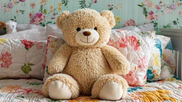 Cozy child's bedroom with teddy bear on floral quilt bedding