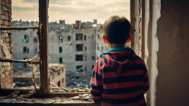Children alone looking from broken window on a destroyed by war city