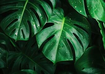 Fototapeta premium Green leaf with water drops close up. Abstract nature background, banner for eco and healthy concept.