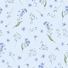Blue delicate forget-me-not flowers and field grass. Spring botanical watercolor seamless pattern on a blue background, suitable for eco-branding, packaging, cards, wedding designs, botanical prints.