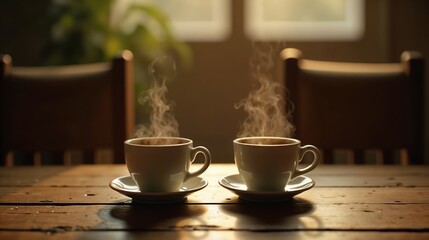 Obraz premium Steam rising from two cups of coffee on a wooden table in a cozy interior during the morning