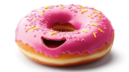 Smiling Pink Donut with Bite Taken Out on White Background