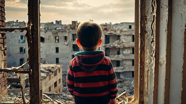 Children alone looking from broken window on a destroyed by war city