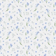 Blue delicate forget-me-not flowers and field grass. Spring botanical watercolor seamless pattern, suitable for eco-branding, packaging, wedding designs, botanical prints, bed linen, wallpaper.