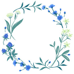 Romantic wreath or frame with wild yellow and blue field flowers