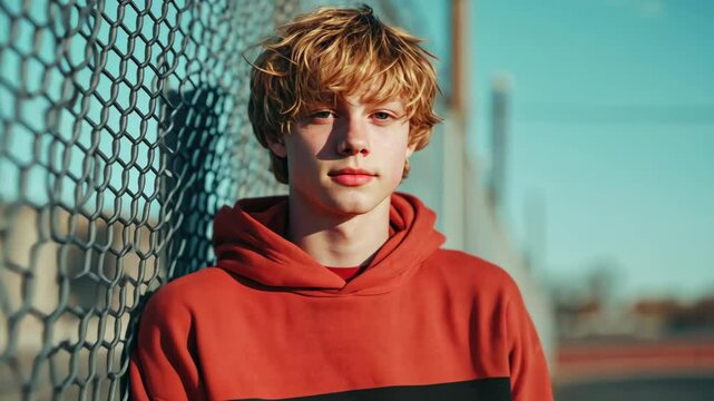 Teen caucasian male by chain link fence under bright sky