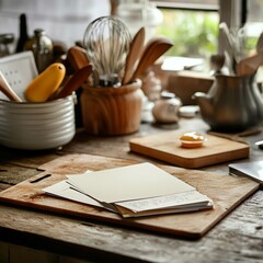 Recipe card collection on kitchen surface, cooking station with organization tools, culinary focus