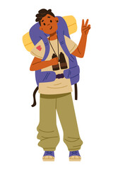 Cute African American teenage boy standing with backpack and binoculars making peace gesture flat vector illustration isolated on white. Hiking and tourism for children. Summer outdoors activities.