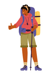 African American woman hiking with backpack and hiking pole showing thumb up flat vector illustration isolated on white. 