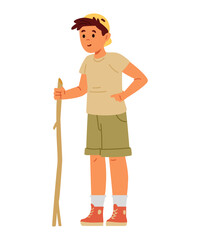 Cute teenage boy standing with wooden srick flat vector illustration isolated on white. Hiking and tourism for children. Summer outdoors activities.