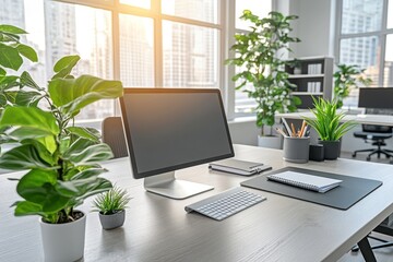 Modern office desk with plants