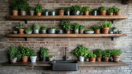 Kitchen Herb Garden on Rustic Shelves