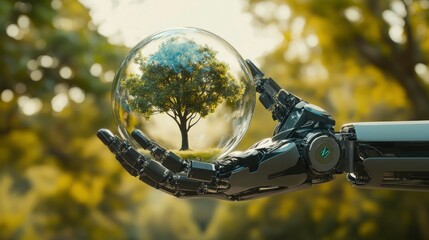 Fototapeta premium Tree in Sphere Held by Robot Hand