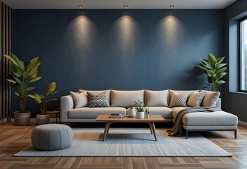Cozy home interior with a navy blue wall background, warm ambient lighting, a comfortable beige or gray sectional sofa, wooden coffee table, and a stylish rug on a wooden floor, realistic 3D.
