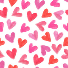 Seamless pattern with watercolor pink and red hearts on a white background