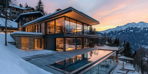 A luxurious modern house with large glass windows and a swimming pool at sunset.