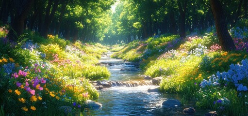 Obraz premium Enchanted Stream: A Serene Springtime Escape in a Lush Forest