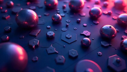Abstract Metallic Spheres and Geometric Shapes Dark Blue Background Design