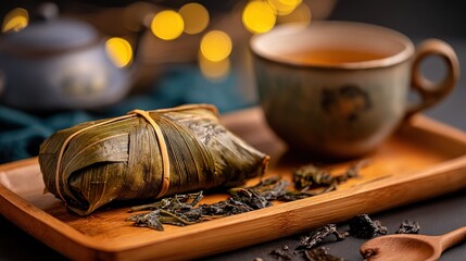 Close-Up of Vibrant Zongzi Wrapped in Bamboo Leaves on Rustic Wooden Tray with Scattered Mugwort Sprigs, Warm Golden Lighting, Soft Bokeh Background with Subtle Dragon Boat Silhouettes, Embracing Trad