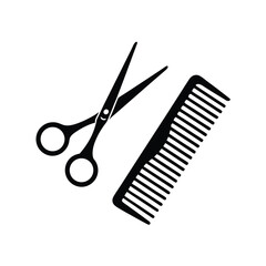 An open scissors and a comb vector silhouette