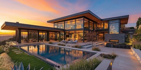 A luxurious modern house with large glass windows and a swimming pool at sunset.