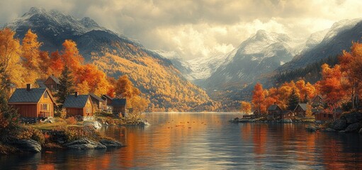 Fototapeta premium Autumnal Serenity: Lakeside Village Nestled in Majestic Mountains