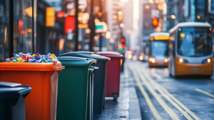 Colorful Recycling Bins on a City Street in Warm Sunlight