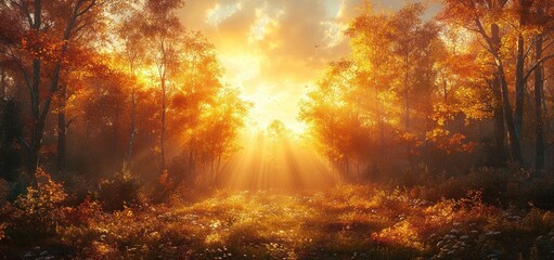 Autumnal Sunrise: Golden Rays Illuminating a Misty Forest Path
