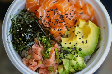 Colorful Salmon Avocado Poke Bowl with Seaweed and Sesame Seeds